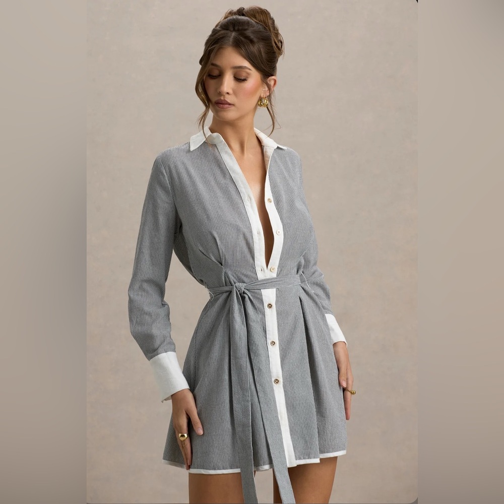 Club London GREY LINEN PINSTRIPE MINI SHIRT DRESS